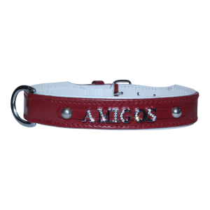Leren halsband met naam rood